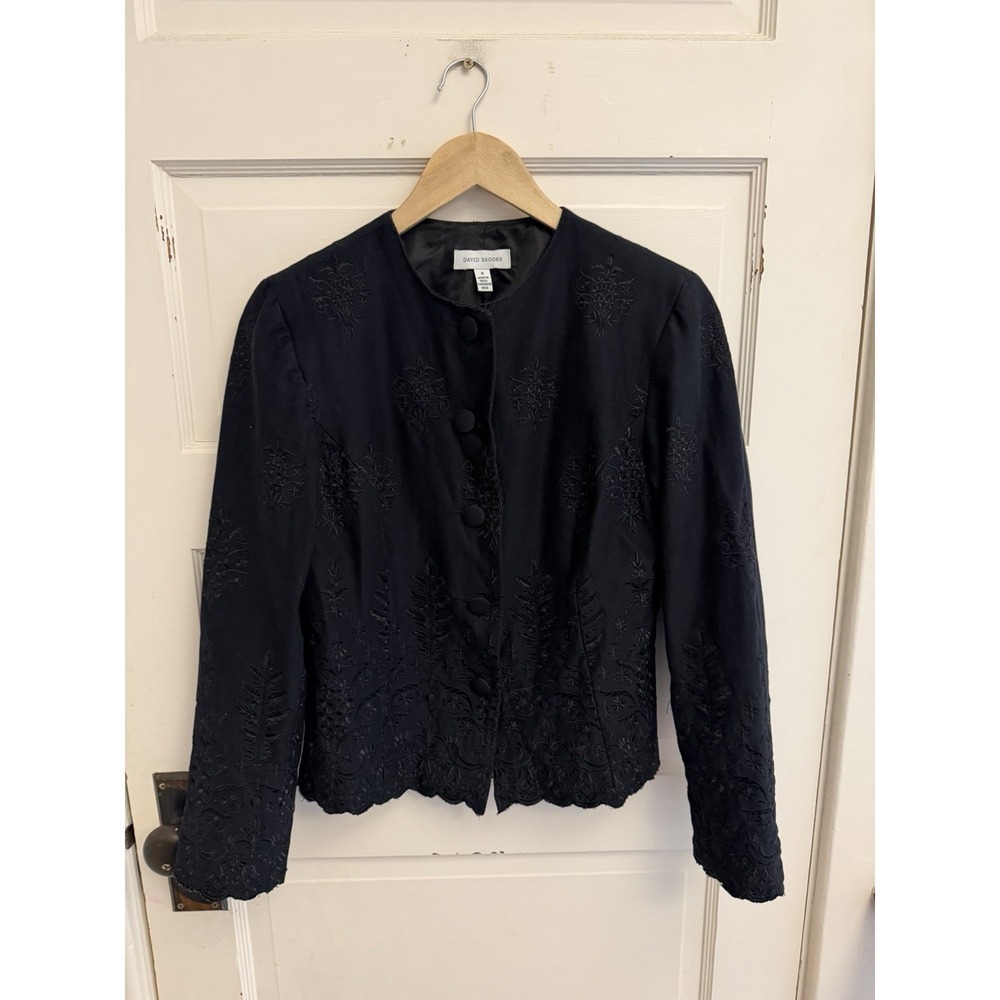 David Brooks Women's Black Embroidered Collarless Blazer Cotton Blend Size 6